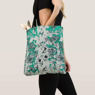 Green Teal White Graphic Flowers Pattern Tote Bag