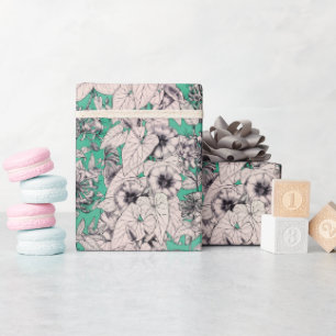 Green Teal White Graphic Flowers Pattern Wrapping Paper