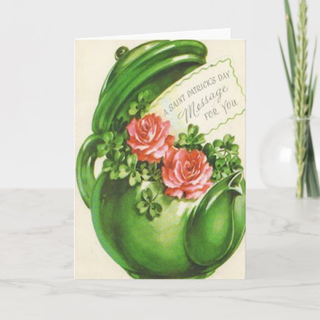 Green Teapot Rose Shamrock St Patrick's Day Card (Front)
