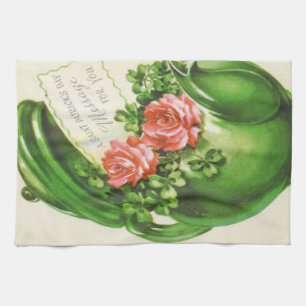 Green Teapot Rose Shamrock St Patrick's Day Kitchen Towel