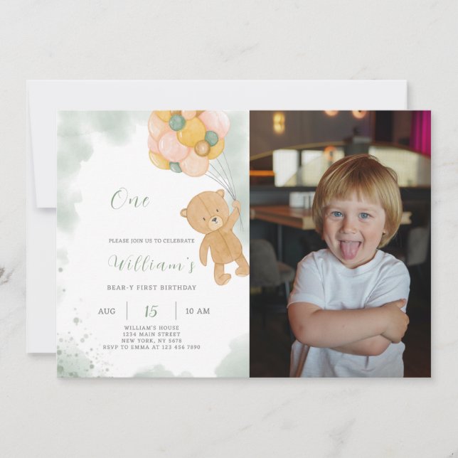 Green Teddy Anniversaire Invitation Avec Photo (Devant)