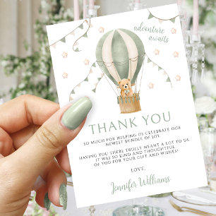 Green Teddy Bear Balloon Adventure Baby Boy Shower Thank You Card