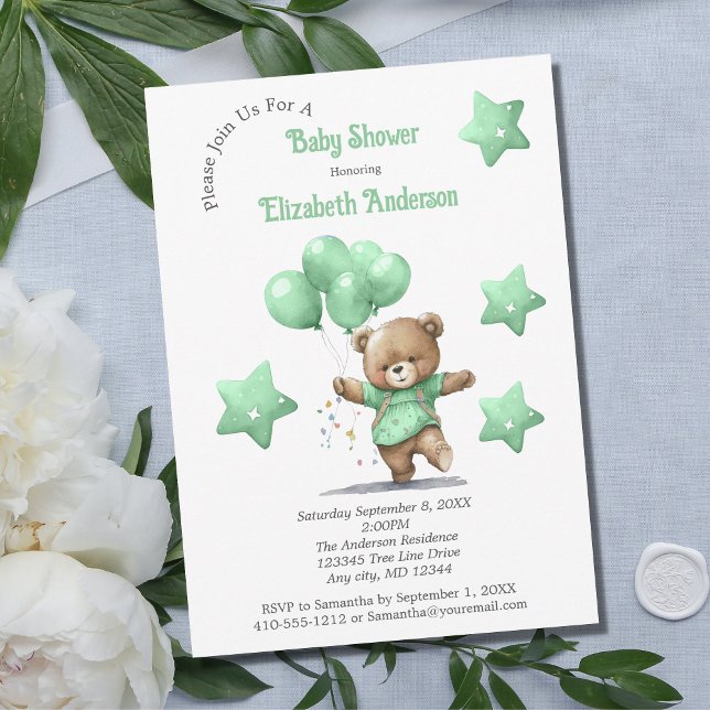 Green Teddy Bear Balloons Stars Boy Baby Shower  Invitation (Creator Uploaded)