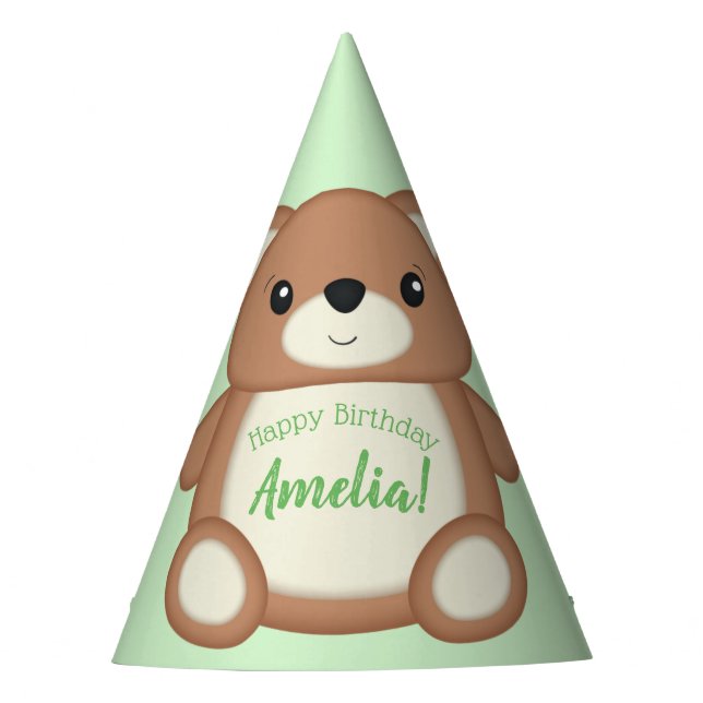 Green Teddy Bear Birthday Party Hat (Front)