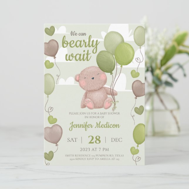 Green Teddy Bear Boy Baby Shower Invitation (Standing Front)