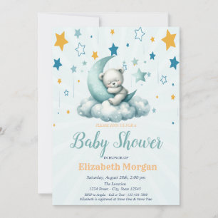 Green Teddy Bear, Stars Cloud Moon Baby Shower Invitation