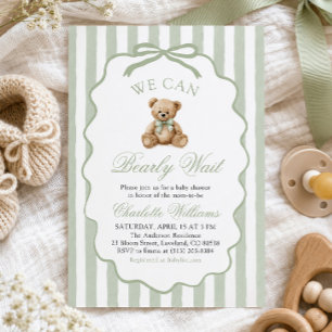 Green Teddy Bear We Can Bearly Wait Baby Shower Invitation