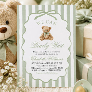 Green Teddy Bear We Can Bearly Wait Baby Shower Invitation