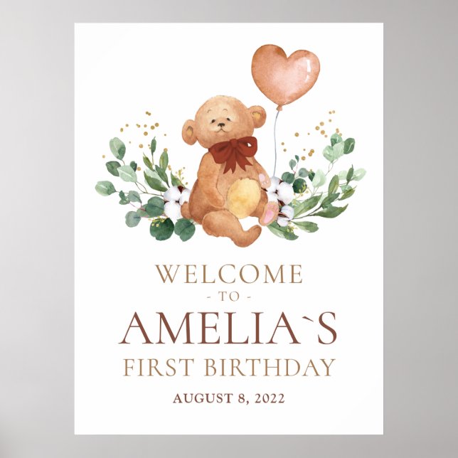 Green Teddy Bear Welcome Baby Birthday Poster (Devant)