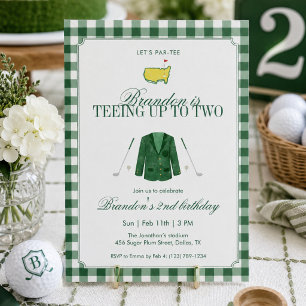Green Teeing Up To Two Golf 2nd Birthday Gingham Invitation
