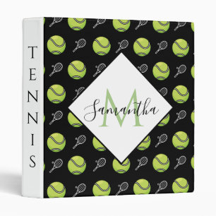 Green Tennis Balls and Rackets Pattern Black Binder