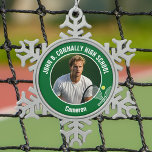 Green Tennis Player Photo High School Spirit Snowflake Pewter Christmas Ornament<br><div class="desc">This cool customized high school tennis player photo gift features white typography of your team and player name on a snowflake Christmas ornament with a cute tennis ball and rackets on green. Personalize with your student's photograph and class year as a proud sports parent.</div>