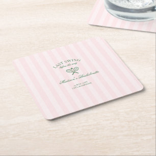 Green Tennis Rackets Pink Striped Bridal Shower  Square Paper Coaster