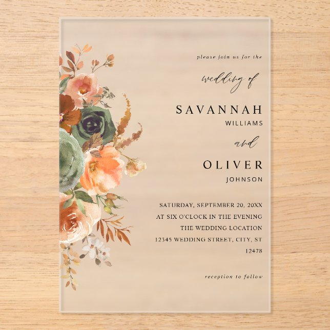 Green & Terra Cotta Floral Wedding Acrylic Invitations (Front)
