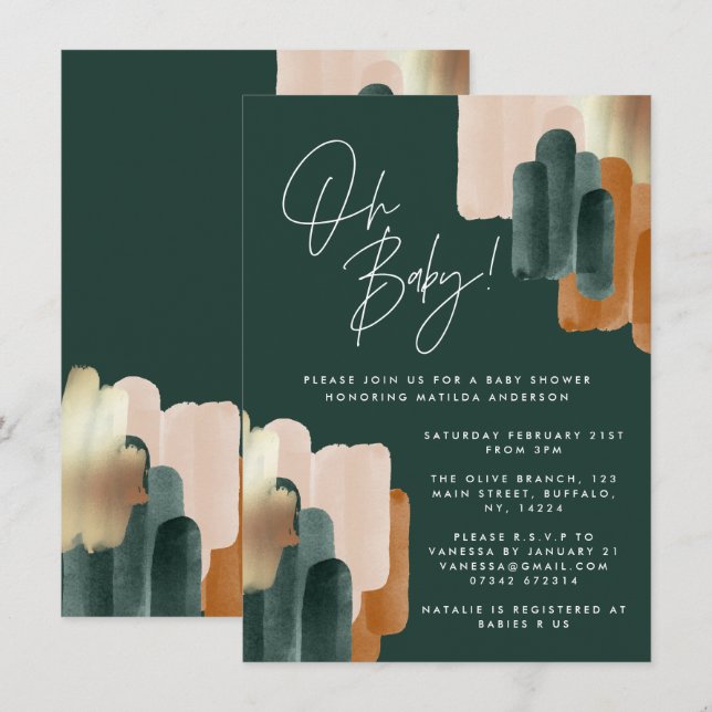 Green terracotta abstract watercolor baby shower i invitation (Front/Back)
