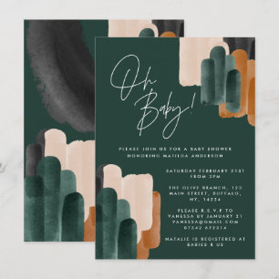 Green terracotta abstract watercolor baby shower i invitation