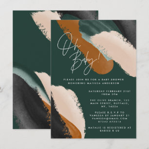 Green terracotta abstract watercolor baby shower invitation