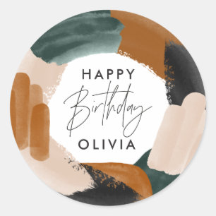 Green terracotta abstract watercolor birthday clas classic round sticker