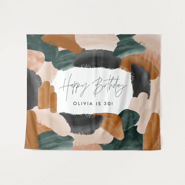 Green terracotta abstract watercolor birthday tapestry (Front (Horizontal))