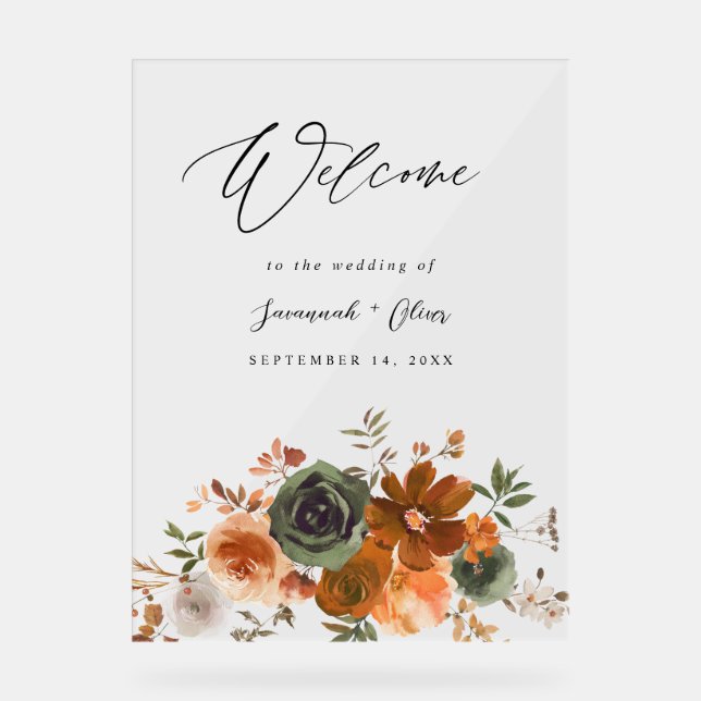 Green & TerraCotta Floral Wedding Welcome Acrylic Sign (Front)