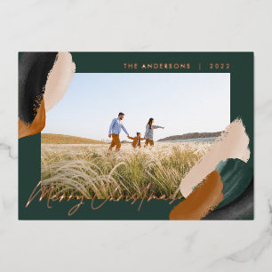 Green terracotta modern minimal watercolor photo h foil holiday card