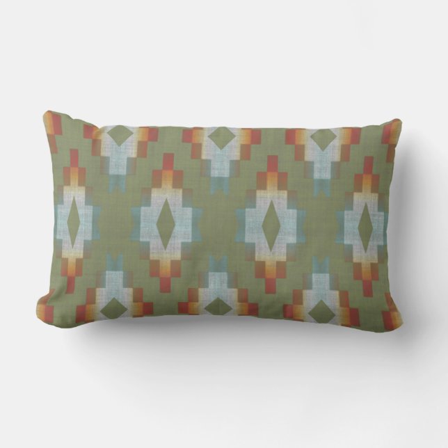 Green Terracotta Red Brown Blue Grey Tribal Art Lumbar Pillow (Front)