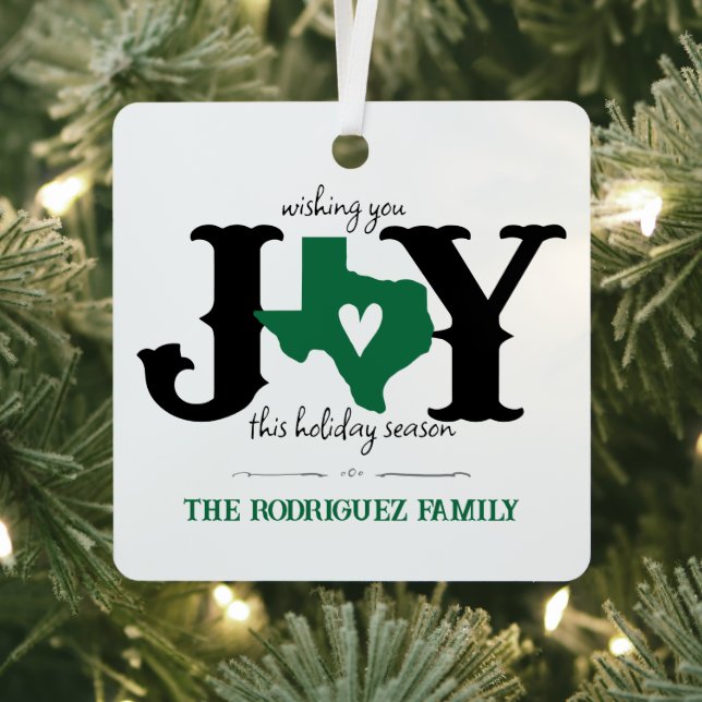 Green Texas JOY Photo Holiday Metal Ornament (Insitu)
