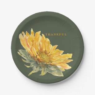 Green Thankful Sunflower Thanksgiving Paper Plate