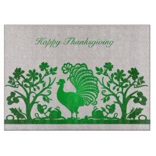 Green Thanksgiving Turkey Floral Cutting Board