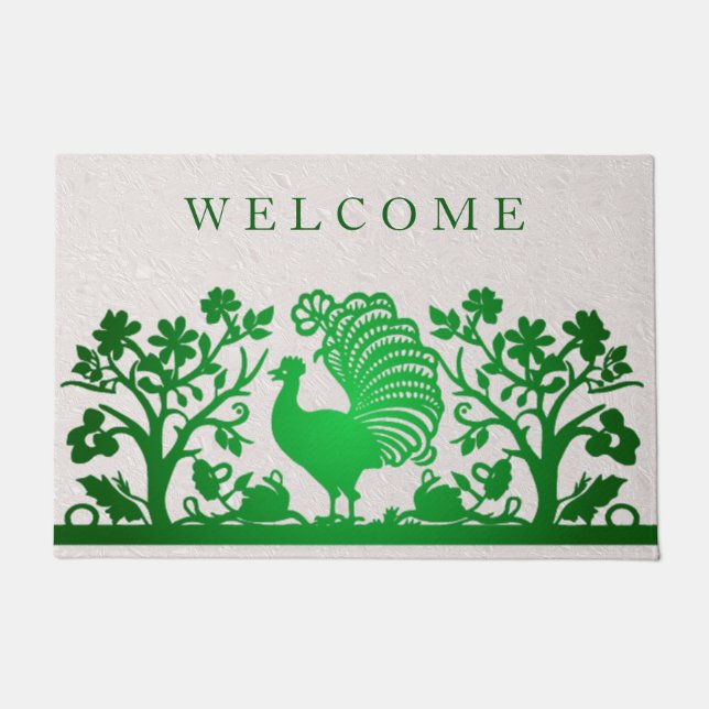 Green Thanksgiving Turkey Floral Doormat (Front)