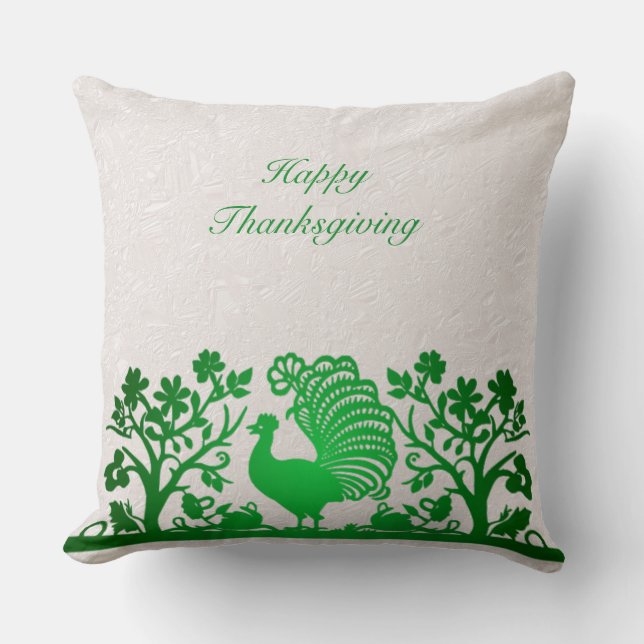 Green Thanksgiving Turkey Floral Throw Pillow (Front)