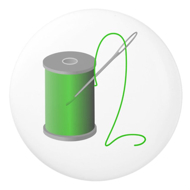  Green Thread with Needle Sewing Room Decor Ceramic Knob (Front)