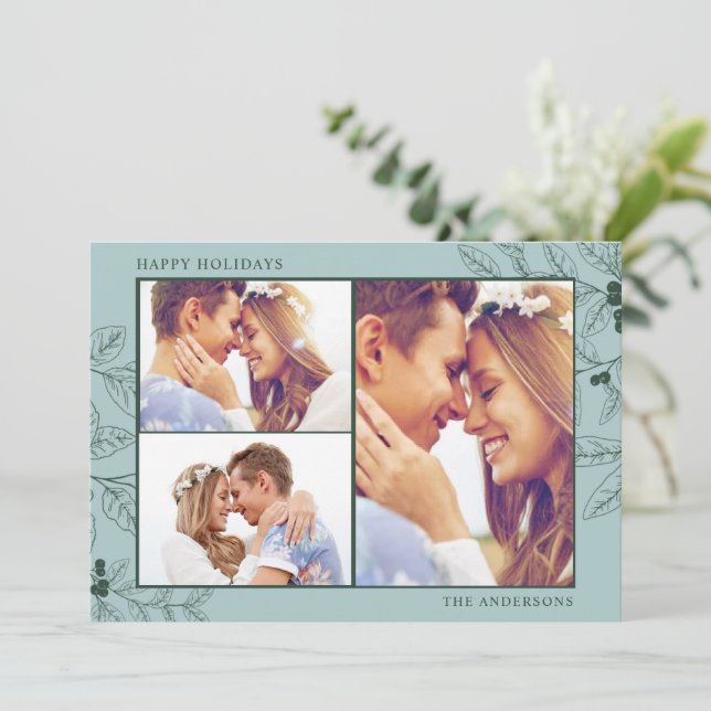 Green Three Photo Christmas Holiday Greeting Card (Standing Front)