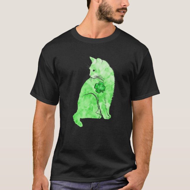 Green Tie Dye Cat Shamrocks St. Patricks Day Lucky T-Shirt (Front)