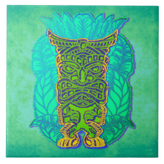 Green Tiki on Turqoise Grungy Background Tile