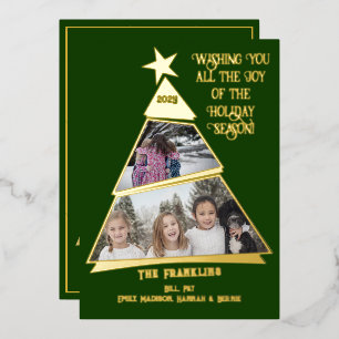 Green Tilted Tree Fun and Modern Photo  Foil Holiday Card