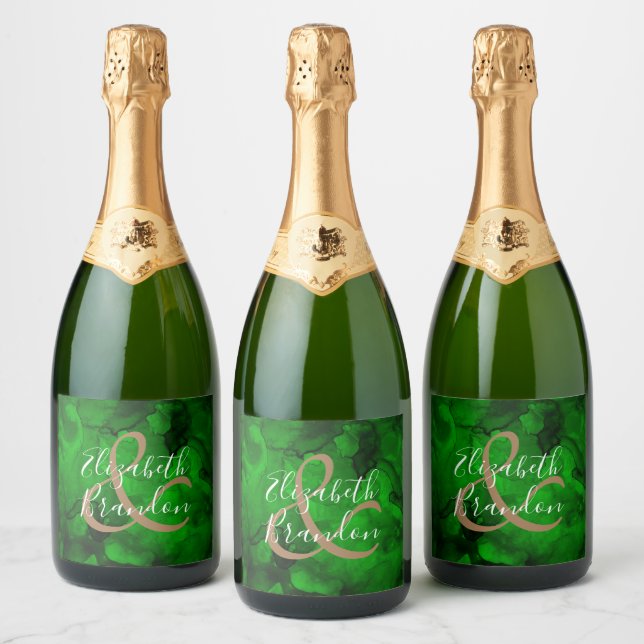 Green to Black Painted Watercolor Swirls Sparkling Wine Label (Bottles)