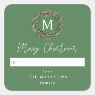 Green To Wreath Monogram Merry Christmas Square Sticker