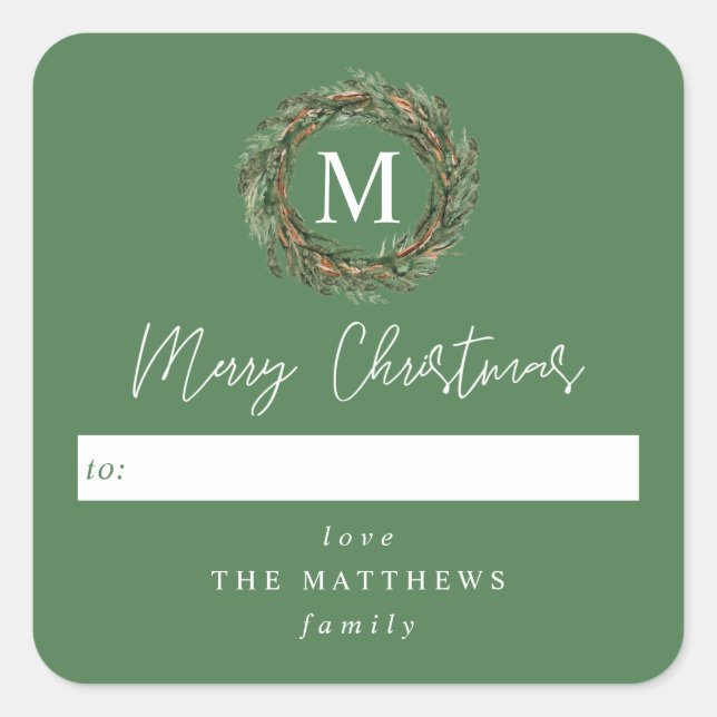 Green To Wreath Monogram Merry Christmas Square Sticker (Front)
