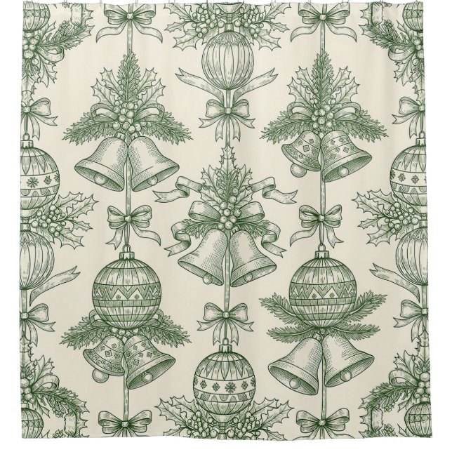 Green Toile Christmas Bells & Ornaments Pattern (Front)
