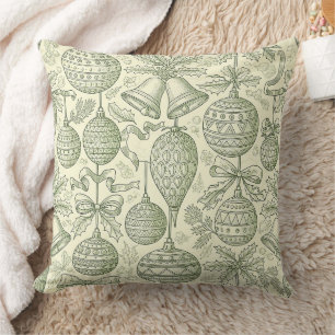 Green Toile Christmas Bells & Ornaments Pattern 2 Throw Pillow