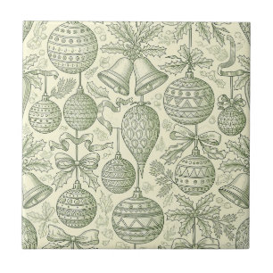 Green Toile Christmas Bells & Ornaments Pattern 2 Tile
