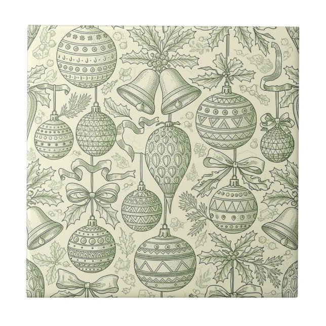 Green Toile Christmas Bells & Ornaments Pattern 2 Tile (Front)