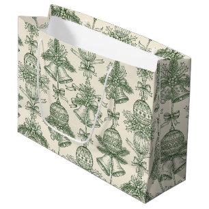 Green Toile Christmas Bells & Ornaments Pattern Large Gift Bag