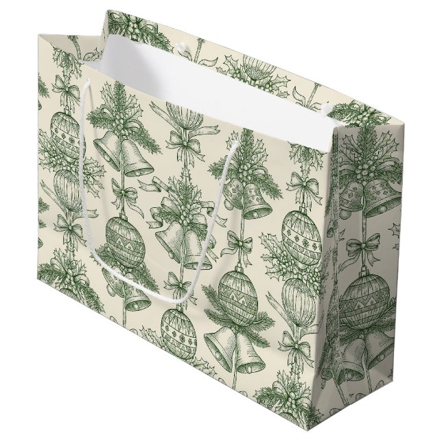 Green Toile Christmas Bells & Ornaments Pattern Large Gift Bag (Front Angled)