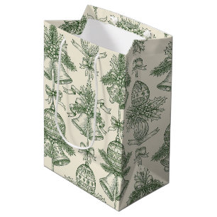 Green Toile Christmas Bells & Ornaments Pattern Medium Gift Bag