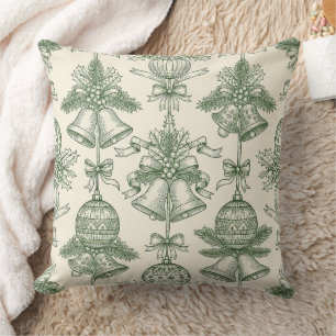 Green Toile Christmas Bells & Ornaments Pattern Throw Pillow