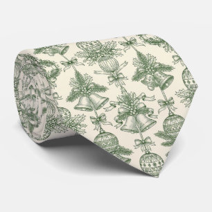 Green Toile Christmas Bells & Ornaments Pattern Tie