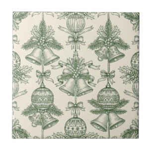 Green Toile Christmas Bells & Ornaments Pattern Tile