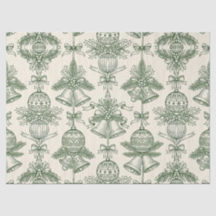 Green Toile Christmas Bells & Ornaments Pattern Tissue Paper